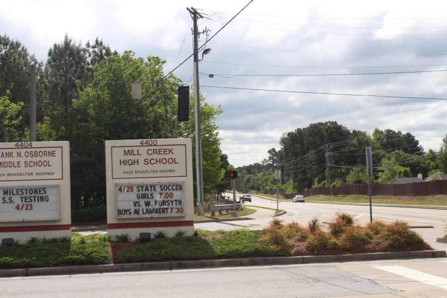 The Mill Creek High School entrance, which has a lot of traffic during the morning and evening,