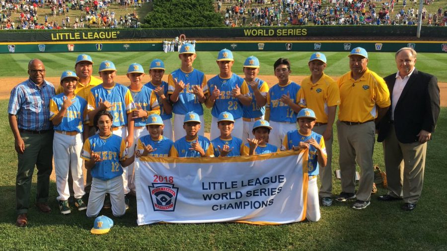 Hawaii World Champ Team holds winning banner.