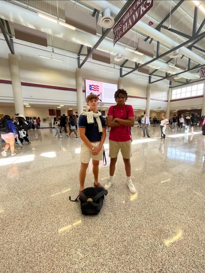 In the commons area 
 Hayden Clark, 12, and Yahsir banks , 11,  modeling yesterday Spirit day outfits.