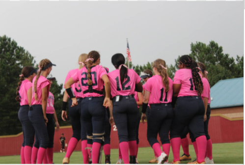 Bre Brookshire, 10, Lindsay Kline 11, Olivia Shaw, 12, Madison Pena, 10, Ava Brookshire 10, Cameron Wade, 12, and Arianna Cole, 12, on the softball field.