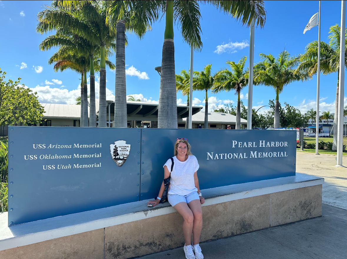Mrs. Carmichael visiting Pearl Harbor National Memorial, Naval base,  in Honolulu, Hawaii.