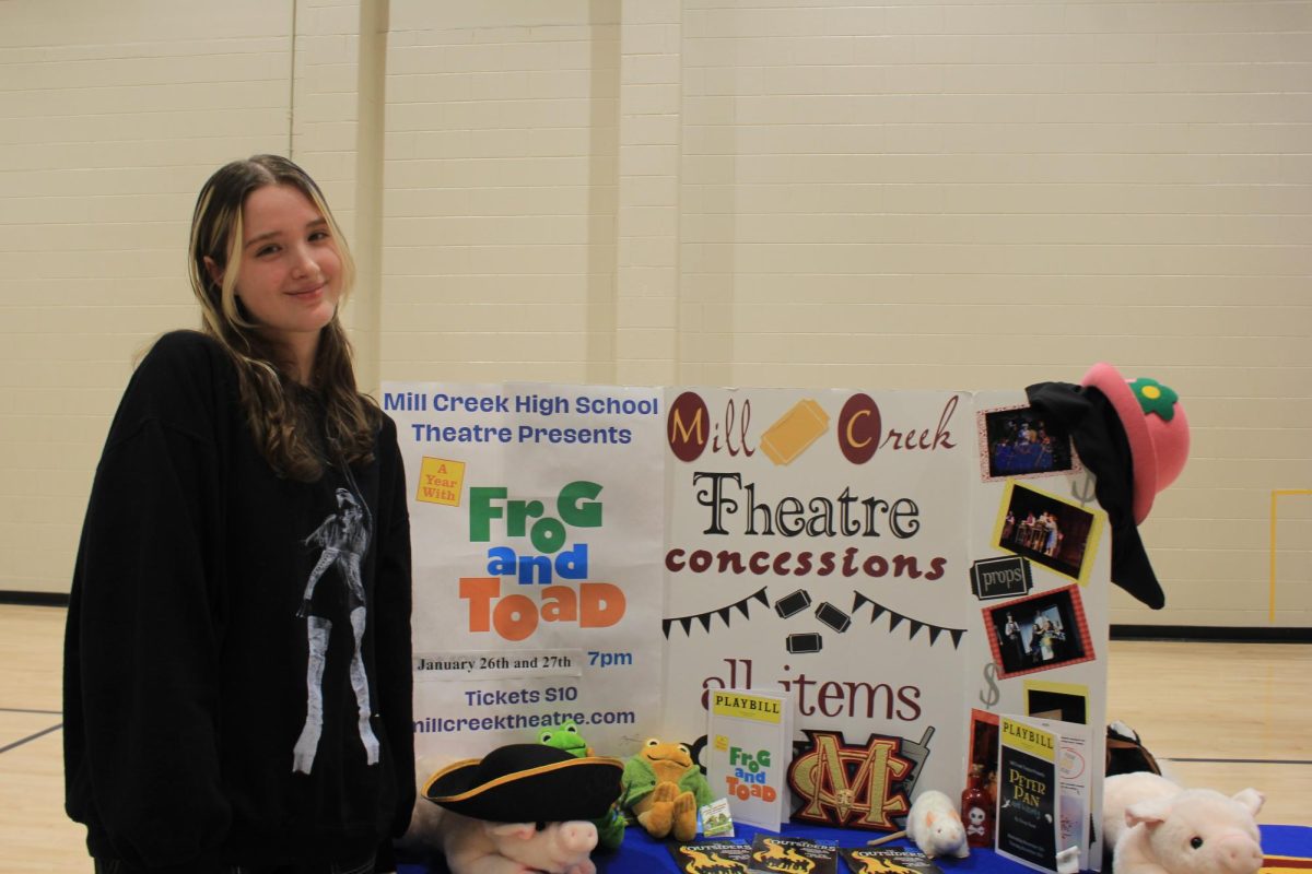 AnneMarie Smith, 12, at the elective fair posing for a photo to represent the Theatre elective. 