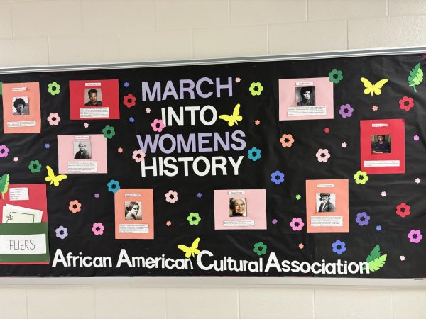 Bulletin board set up and decorated for Womens History Month with famous women in history.