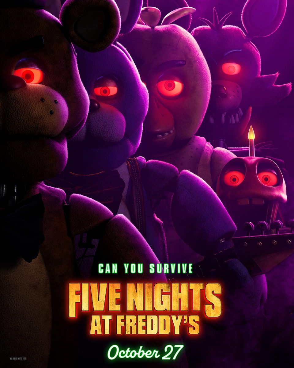Five Nights at Freddys movie poster released into theaters and Peacock on October 27th, 2023.