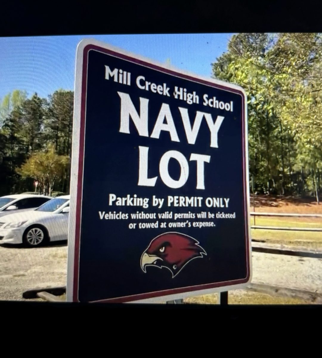 Mill Creek student parking sign located in front of the school. 